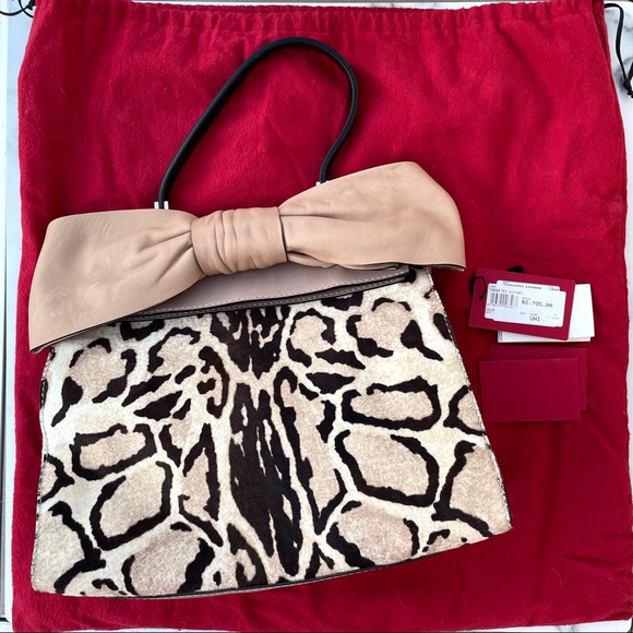 Valentino Aphrodite top handle calf hair leopard print bow satchel shopper bag - Picture 13 of 16